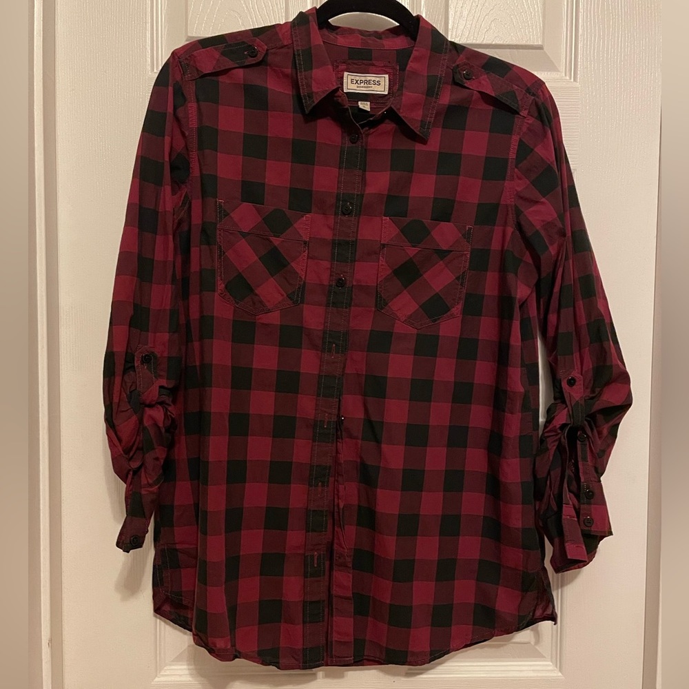 Express Boyfriend Plaid Red Black Shirt